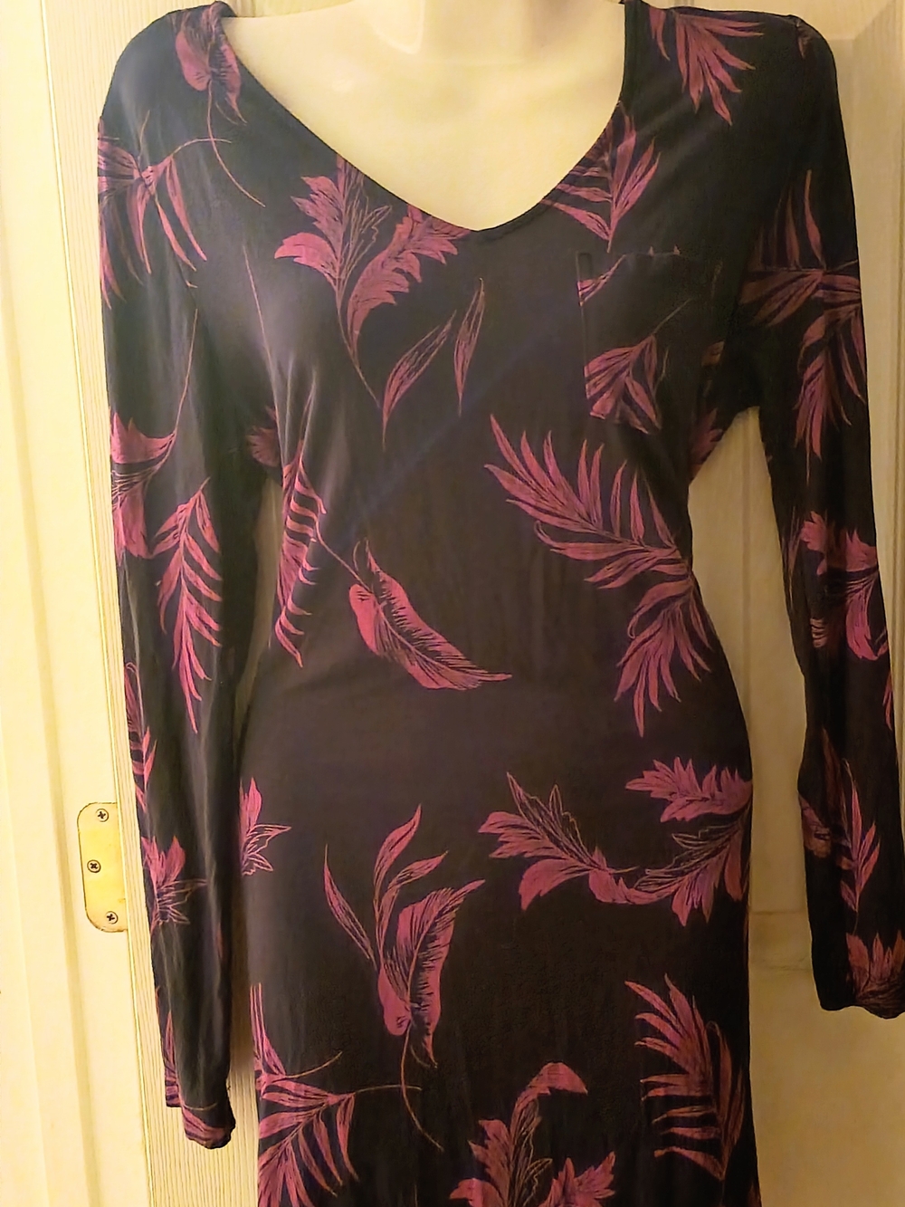 Soma Black Long-Sleeve V-Neck Dress with Purple Leaf Print